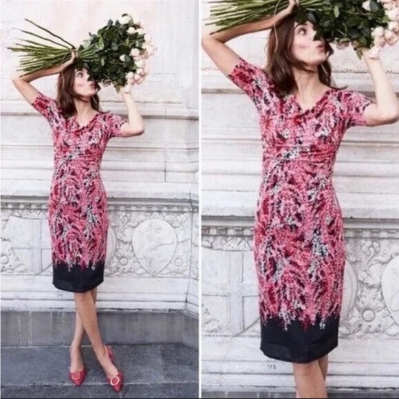 Boden Rita Pink Floral Ruched Fitted Dress Midi size 10 Long - Picture 1 of 6